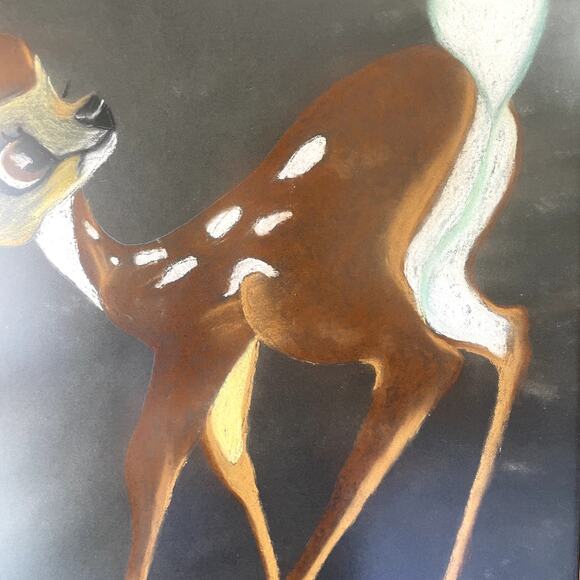Vintage Original Chalk Pastel Drawing Bambi Deer Fawn Framed - Picture 5 of 9